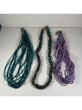 Beaded Multistrand Necklaces Set Of 3 In Teal Multicolor & Lavender With Adjusta